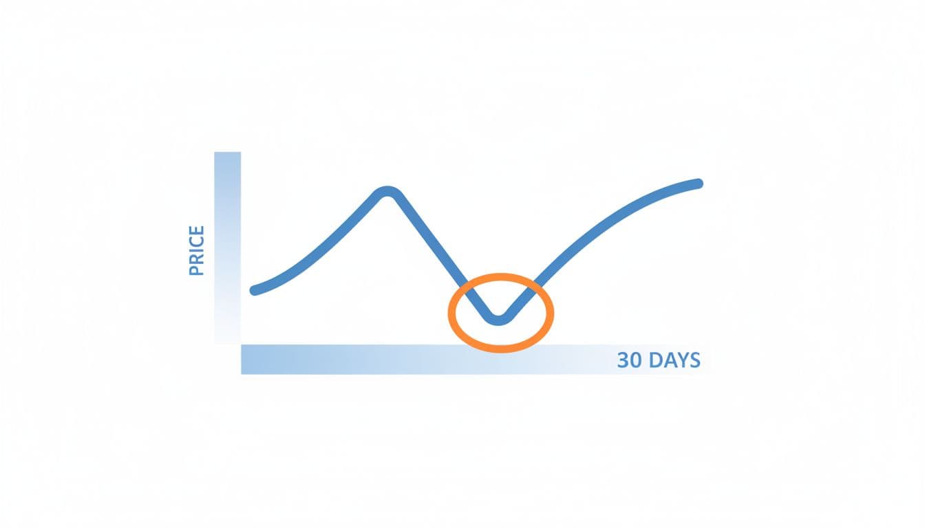 Simple line chart on white background shows price trend over 30 days with lowest point highlighted.