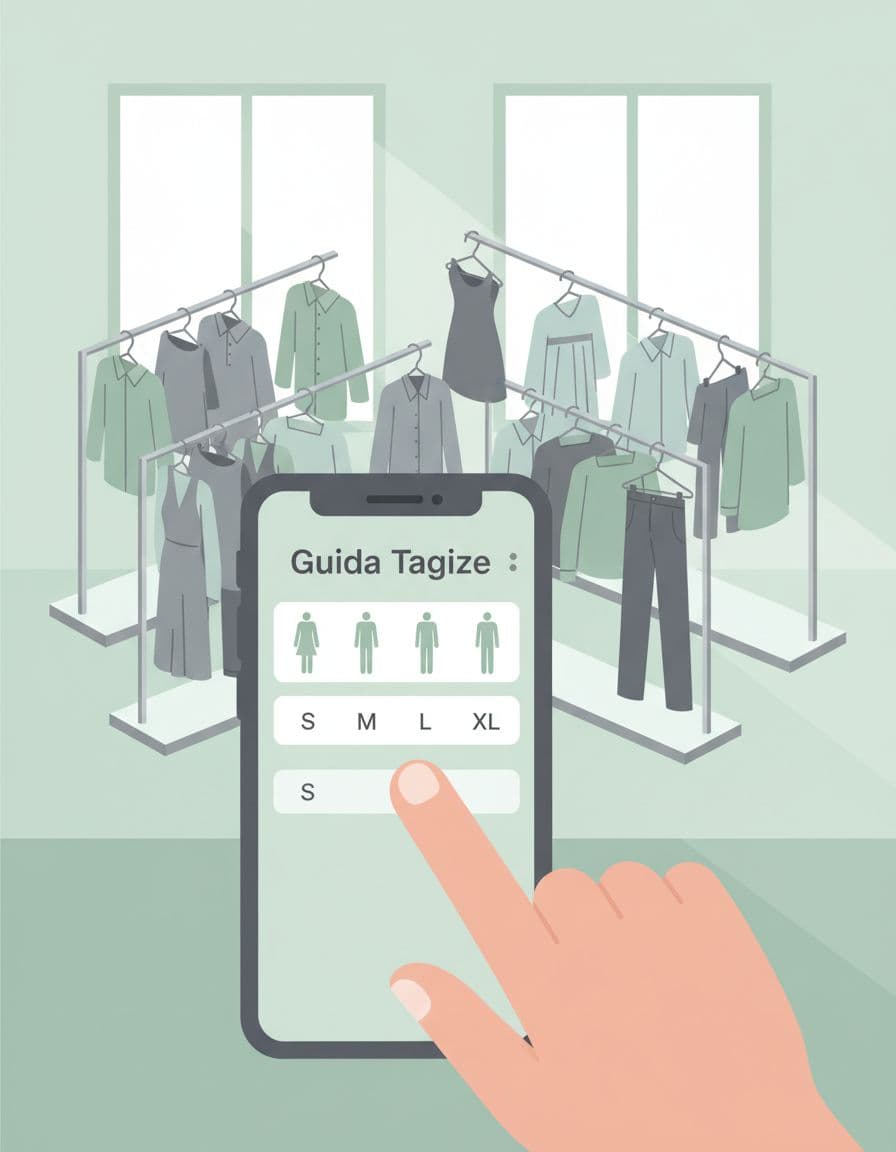 Modern illustration of a hand touching a size guide pop-up on a mobile phone screen, comparing clothing sizes from virtual racks in a bright room with soft daylight and pastel green-gray colors.