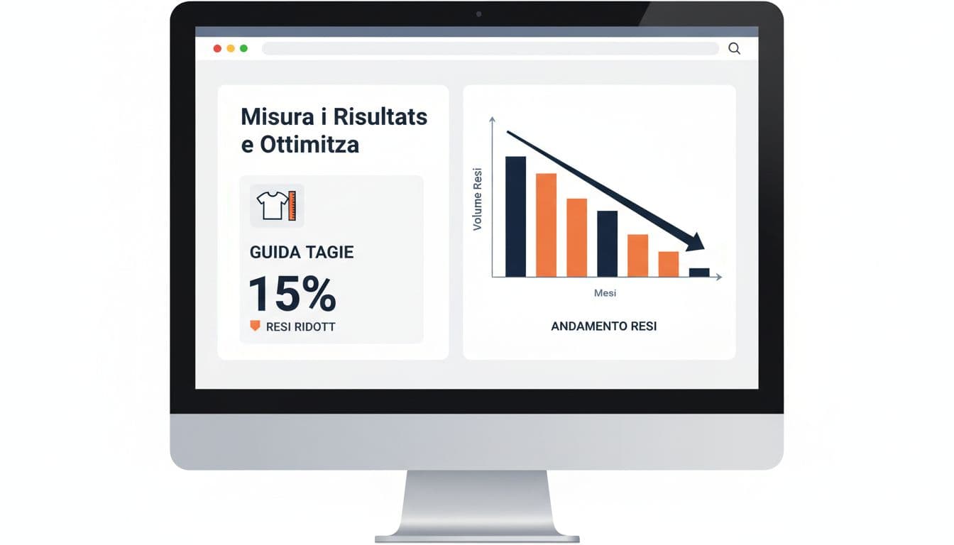 Modern illustration of a clean ecommerce dashboard on desktop, showing declining bar charts for reduced returns thanks to size guide, symmetric composition, navy blue and orange palette, flat lighting, single screen with basic icons.