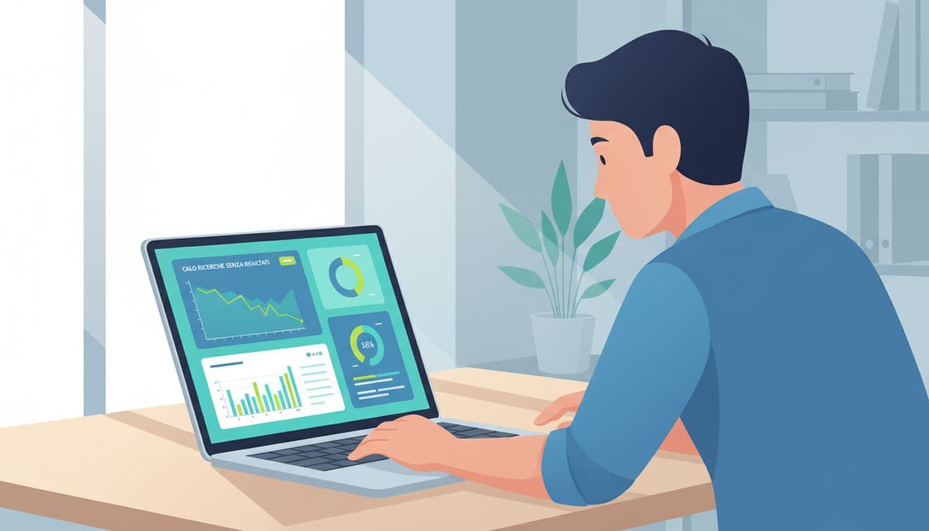Illustrazione moderna di un dashboard di analisi per ricerca interna in sito e-commerce, grafici con calo ricerche senza risultati, analista osserva dati su laptop, colori blu-verde, stile pulito.