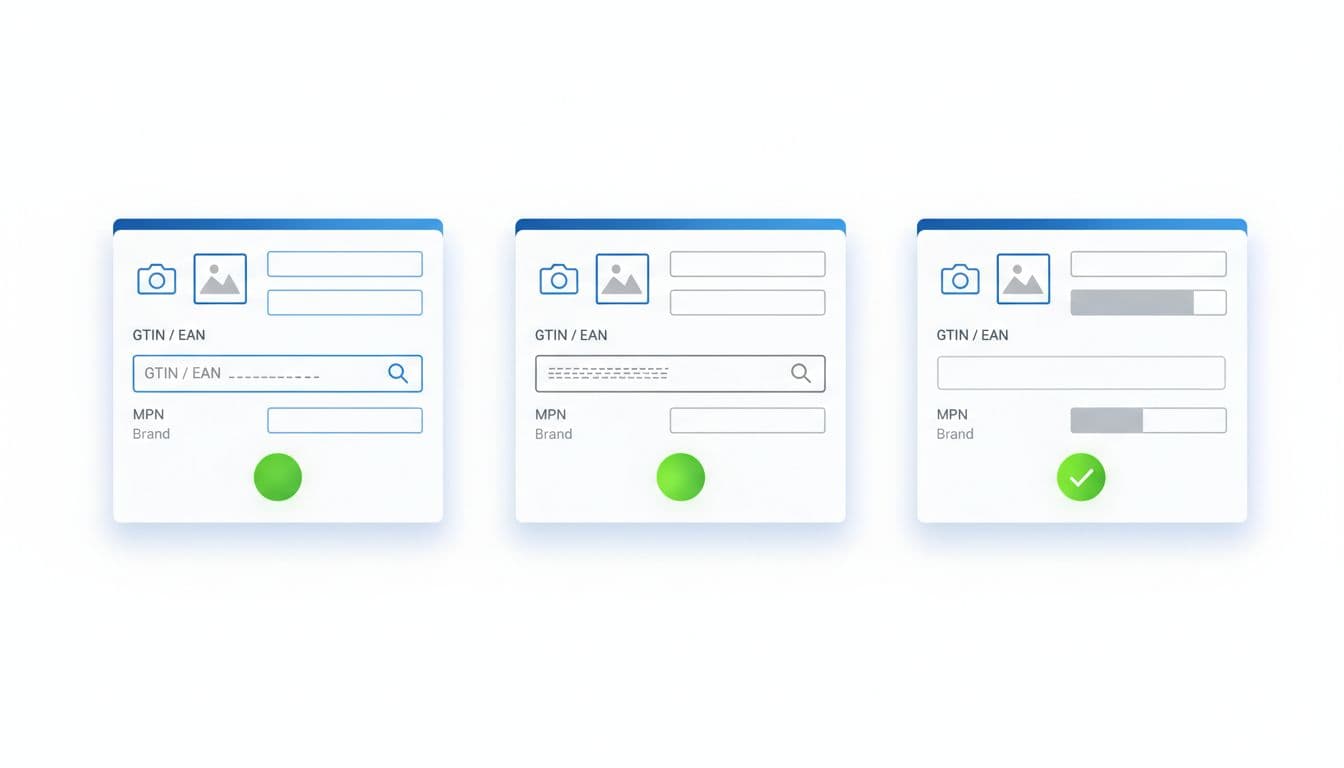 Horizontal vector illustration depicts sequence of entering GTIN, EAN, and MPN into simple e-commerce product form with geometric shapes in blue and green.