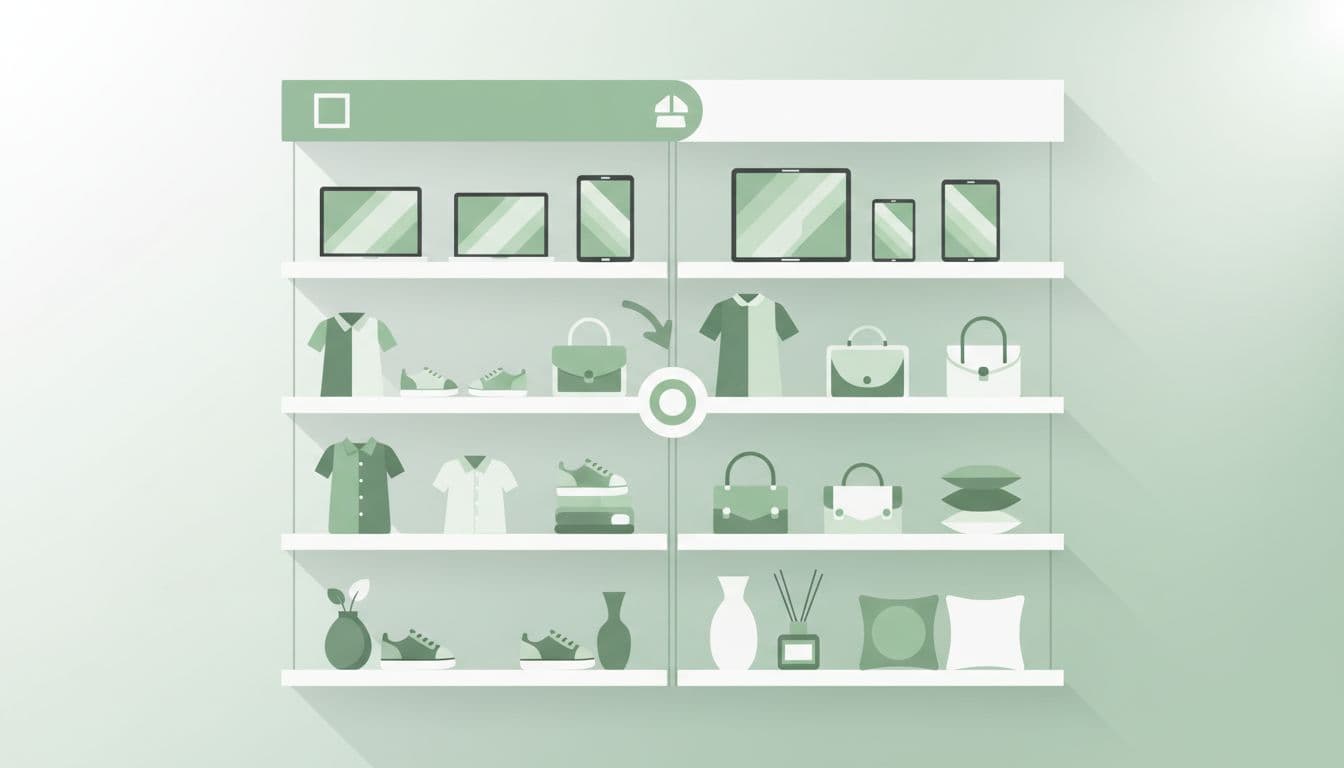 Illustrazione moderna di prodotti e-commerce organizzati in categorie chiare su una griglia con scaffali virtuali, etichette intuitive, colori verde e bianco, composizione simmetrica e illuminazione soft.