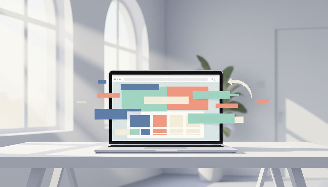 Modern illustration of an ecommerce homepage loading quickly on a centered laptop in a bright, modern office with natural light. Clean shapes, strong composition, no people, text, logos, or extra objects.