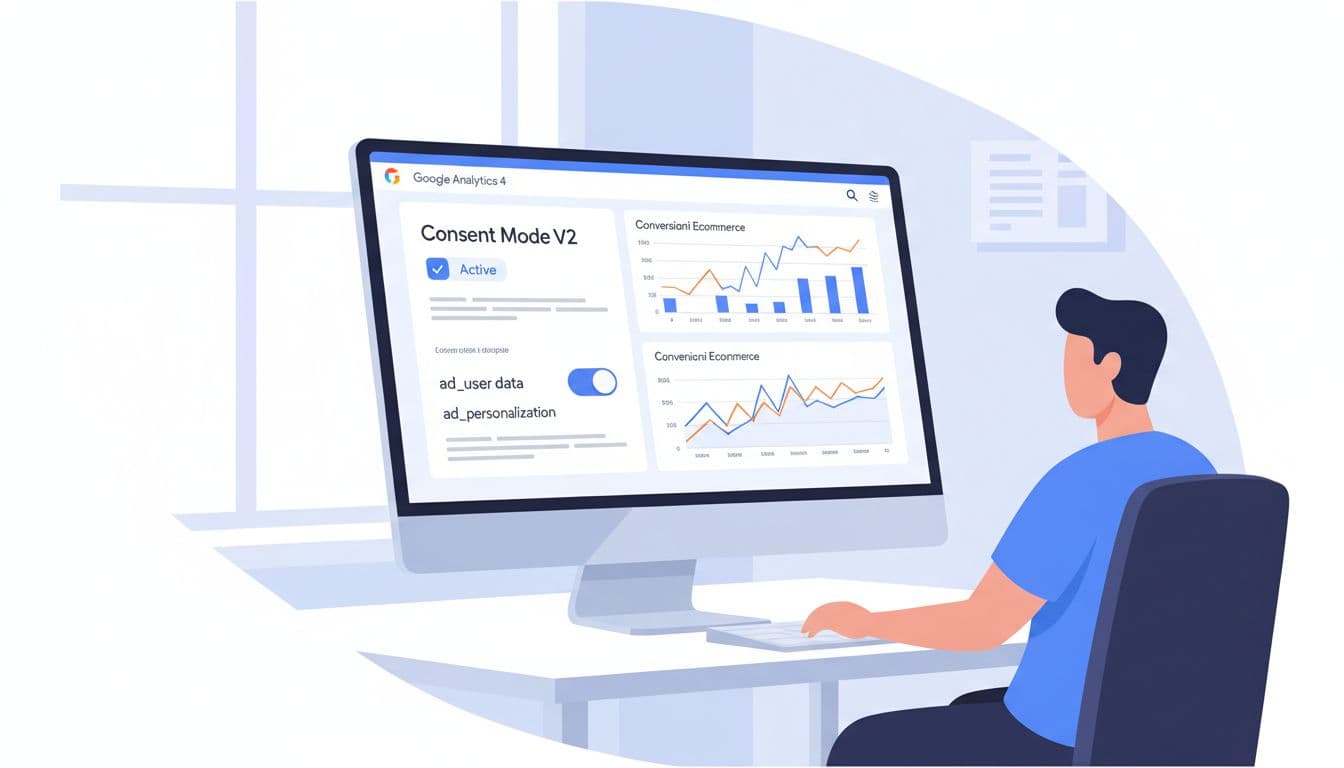 Illustrazione moderna di un dashboard Google Analytics 4 con impostazioni Consent Mode V2 attive, grafici di conversioni ecommerce e toggle per ad_user_data e ad_personalization, visualizzato da una persona in ufficio luminoso.
