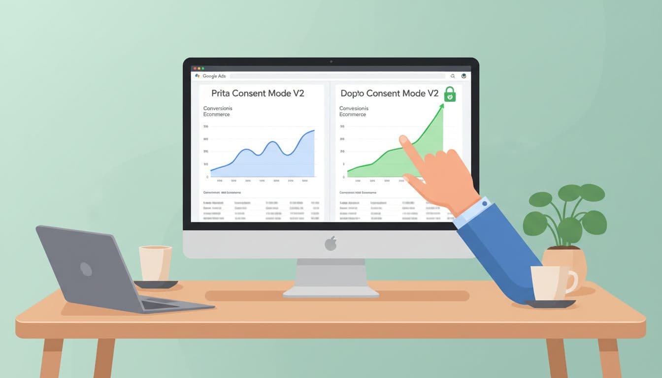 Modern illustration of Google Ads interface showing performance reports before and after Consent Mode V2, featuring ecommerce conversion growth charts, integrated privacy icon, and a hand pointing at a modern desk screen.