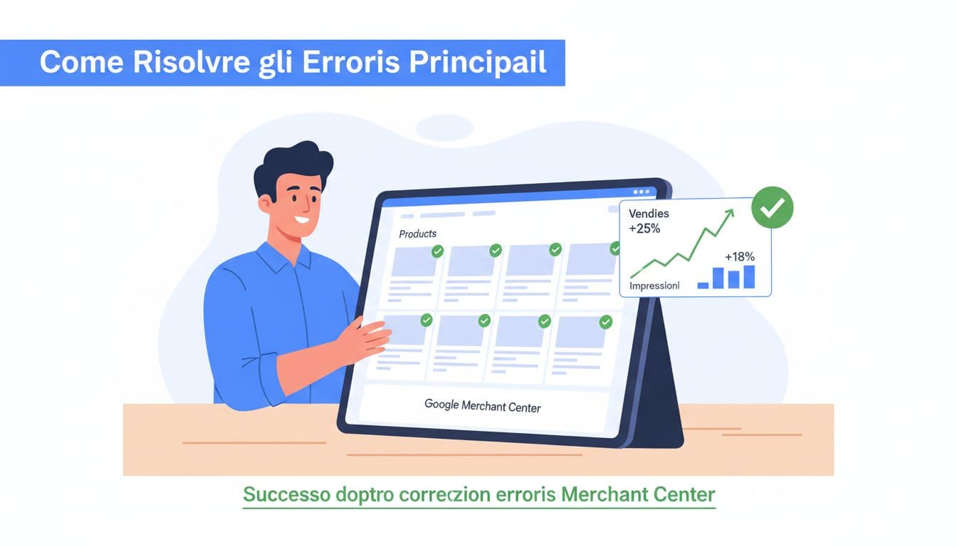 Satisfied user checks green approval icons and positive metrics on clean Google Merchant Center dashboard with organized product grid.