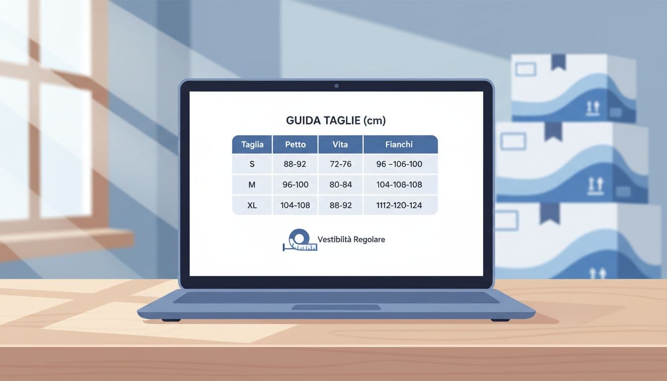 Illustrazione moderna di una tabella guida taglie per abbigliamento su schermo laptop con misure in cm per taglie S, M, L, XL, in ambiente e-commerce pulito con pacchetti spedizione sullo sfondo.