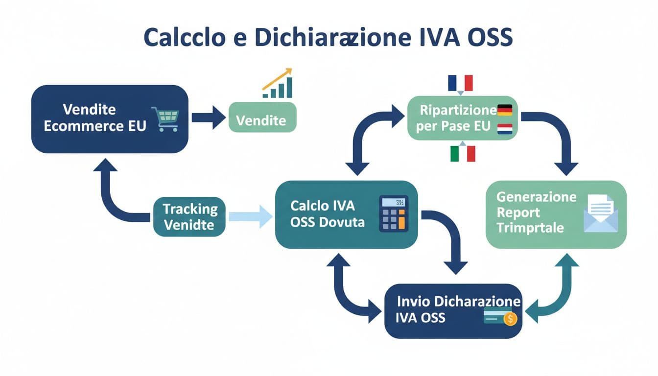 Modern flat design flowchart illustrating steps for IVA OSS declaration in ecommerce, including sales tracking, quarterly filing, and EU country flags with clean blues and greens palette and clear arrows.