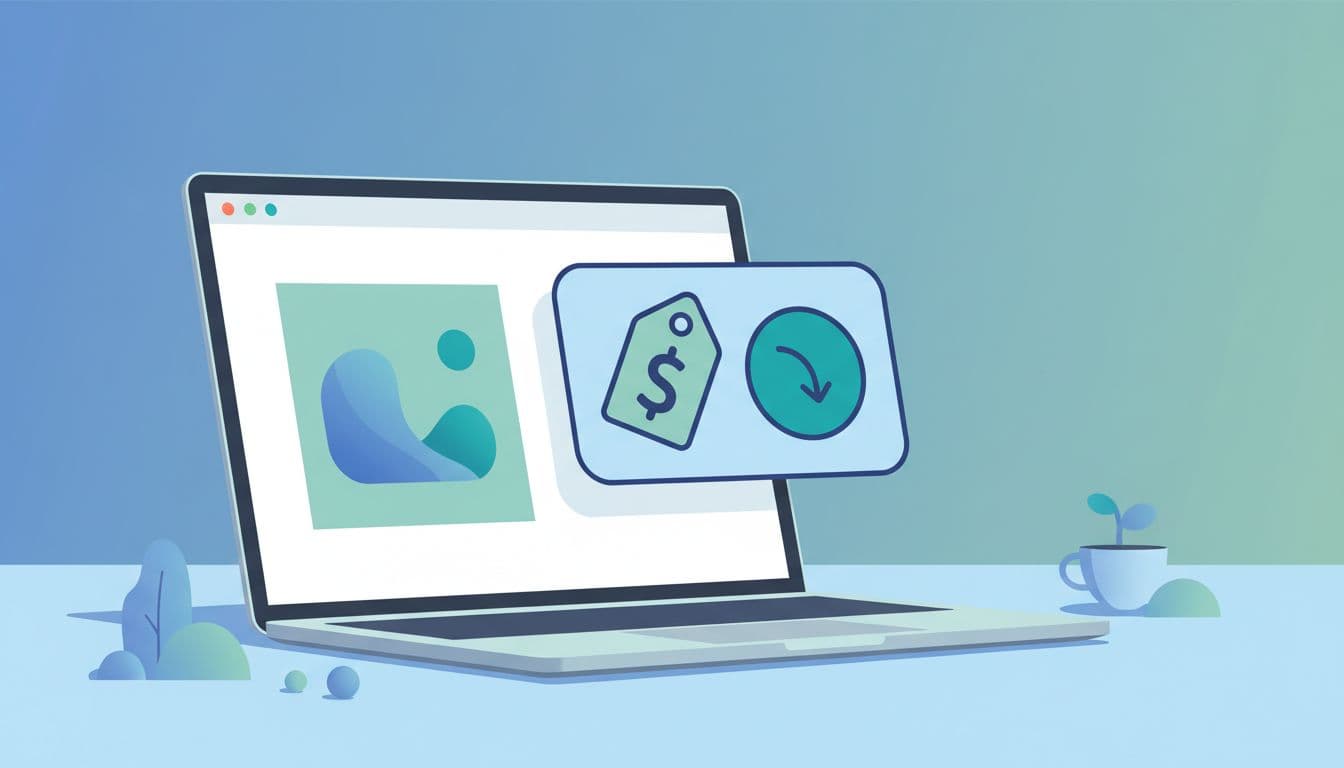 Angled laptop on desk shows ecommerce product page with price tag and discount indicator in blue-green tones.