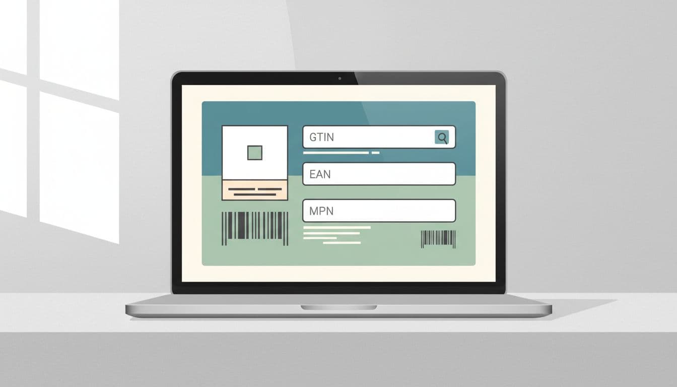 Laptop screen displays e-commerce product card with GTIN, EAN, MPN fields and stylized barcodes.
