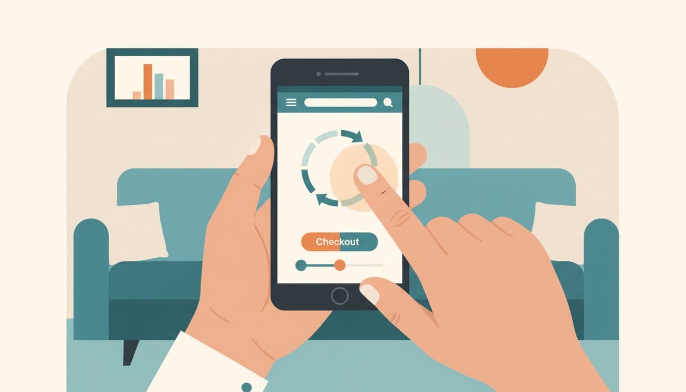 Modern illustration of a user smoothly interacting with interactive elements on an ecommerce site using a mobile phone, shown with one device, two relaxed hands, clean shapes, controlled colors, and soft lighting.