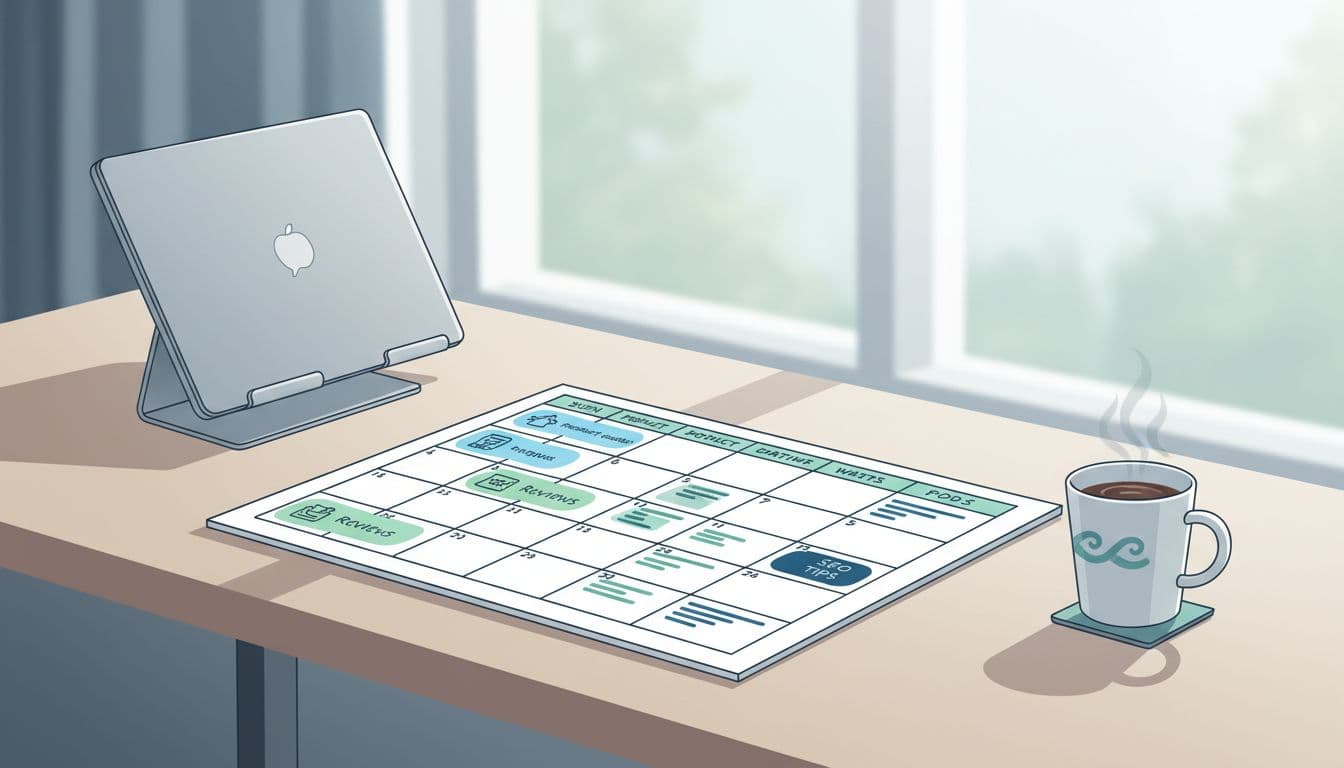 An open monthly editorial calendar on a modern office desk features colorful labels for ecommerce blog themes like product guides, reviews, and SEO tips, with a closed laptop and coffee cup nearby. Clean modern illustration in blue and green tones with soft natural lighting and central composition.