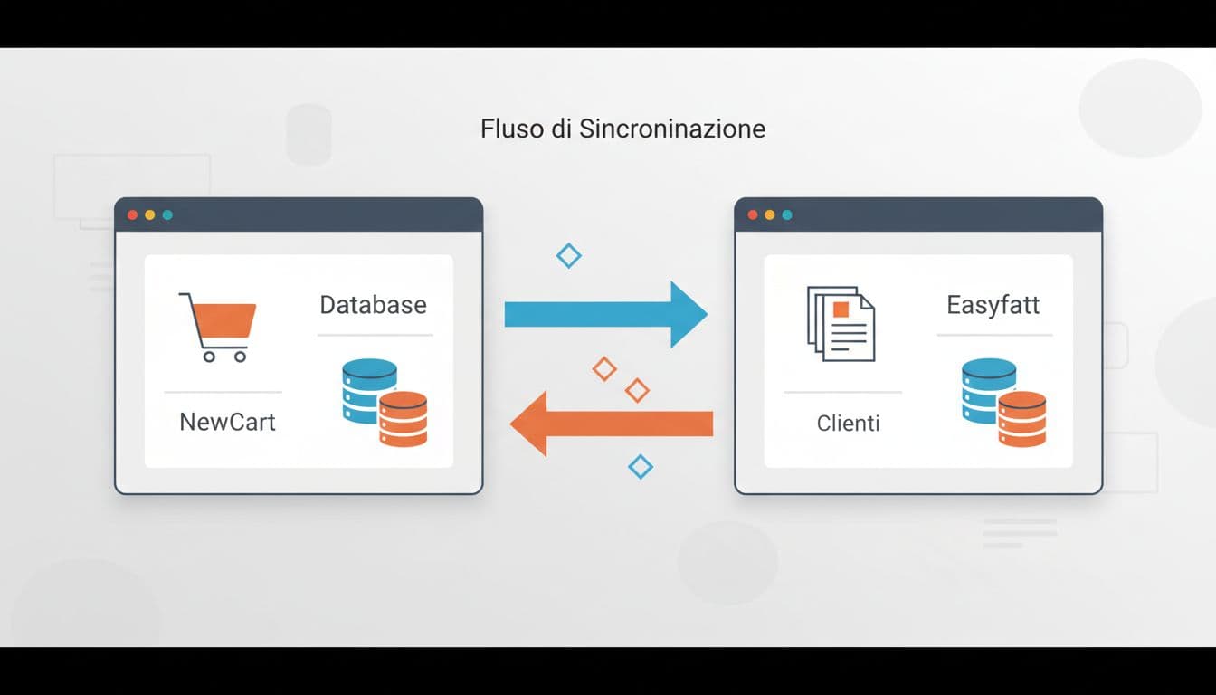 Illustration shows bidirectional arrows linking NewCart e-commerce and EasyFatt interfaces with cart, database, and invoice icons.