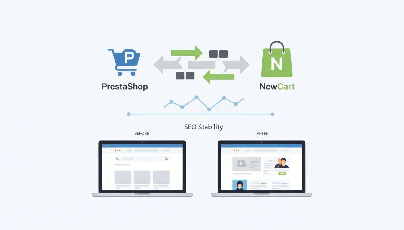 Data flows from PrestaShop icon to NewCart via arrows, stable SEO graph, two laptops show before-after e-commerce sites.