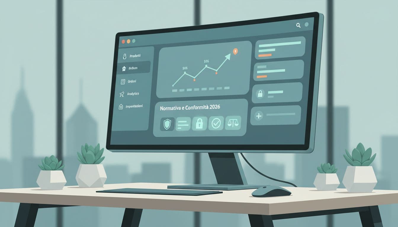 Side view of modern office desk with single monitor displaying secure ecommerce dashboard for prices and compliance icons in blue-green palette.