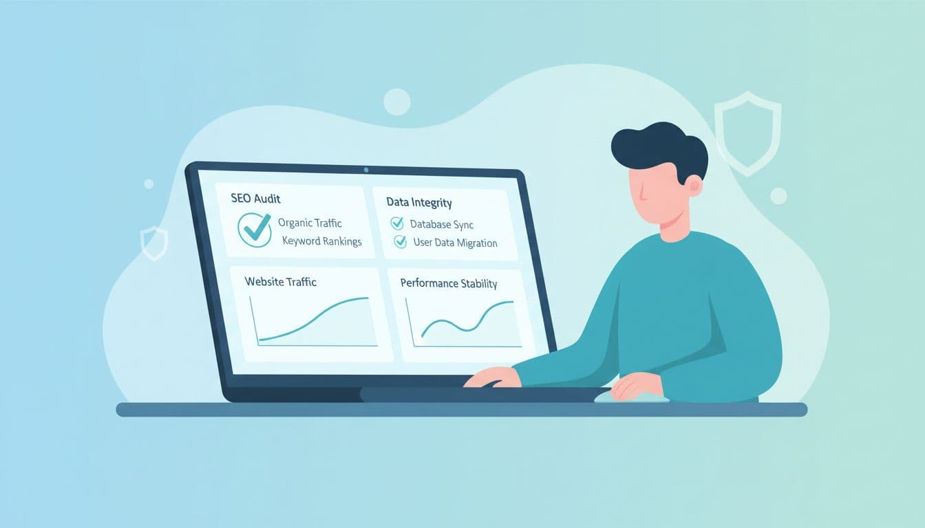 Person reviews laptop on desk showing site audit tools with SEO checkmarks and stable traffic charts.