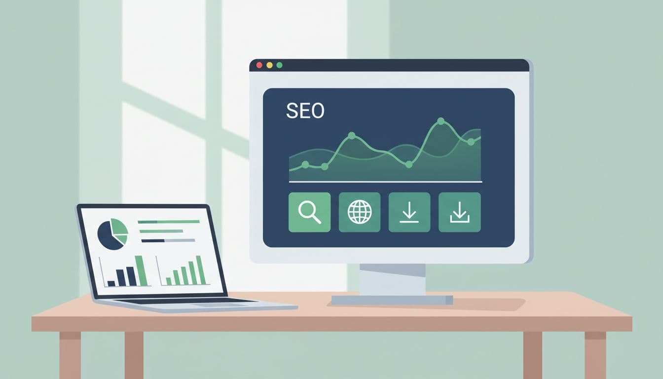 Laptop on desk displays SEO metrics dashboard with stable traffic graph and Search Console icons.