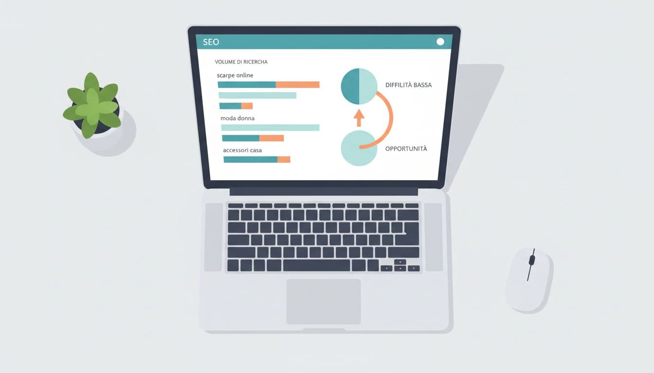 Modern top-down illustration of an SEO keyword analysis dashboard on a clean laptop screen, featuring bar graphs for ecommerce search volumes, circles for low-difficulty keywords, and arrows indicating opportunities. Clean shapes in blue and orange tones with strong composition and diffused lighting.