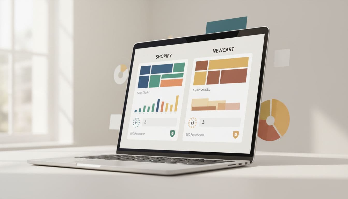Laptop screen at angle shows side-by-side Shopify and NewCart dashboards with data import icons, security locks, and traffic charts on neutral background.