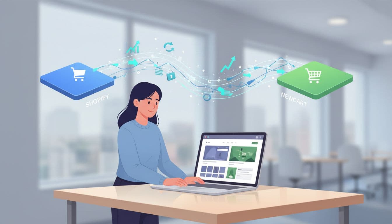 Laptop on clean desk displays Shopify to NewCart sites connected by central data bridge with flowing SEO icons like graphs and arrows, overseen by one person.