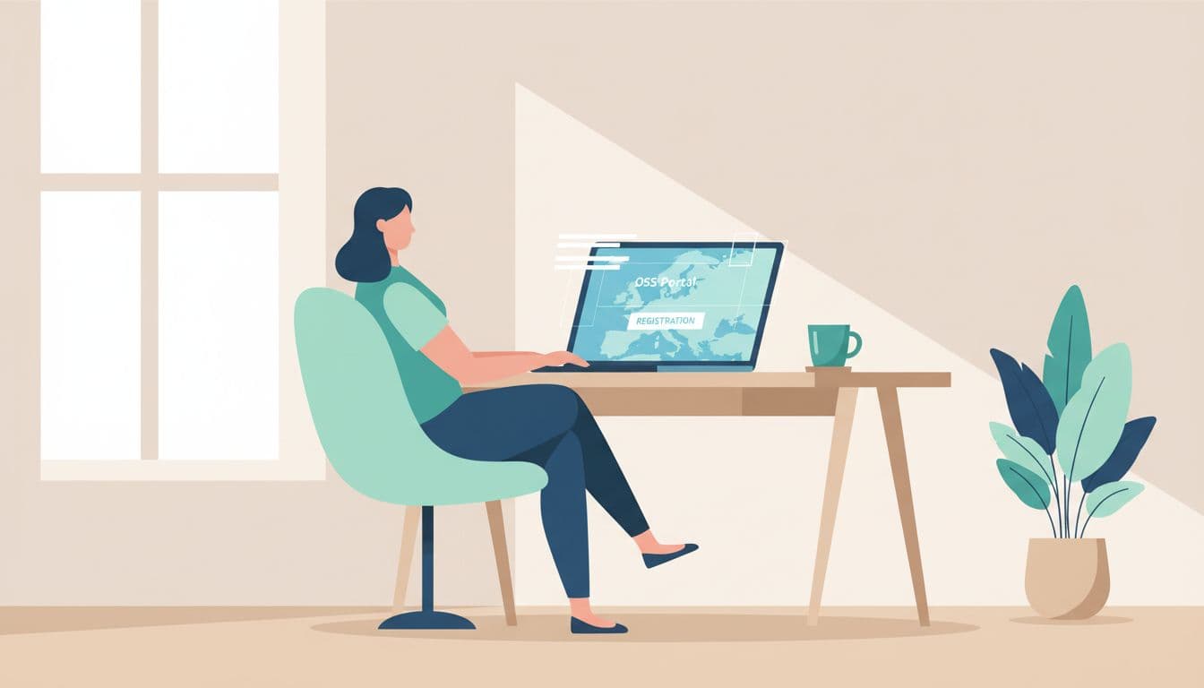 Modern illustration of a relaxed small business owner at a desk with a laptop displaying the EU map and OSS portal interface, in a simple office setting with a coffee mug and natural lighting.