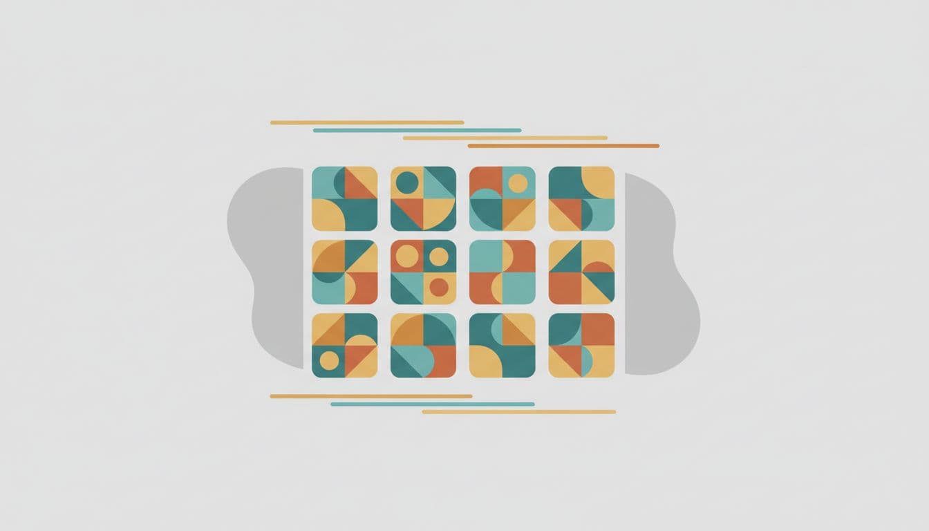 Modern illustration of a stable ecommerce layout with an unchanging product grid during load, centered composition, neutral lighting, and abstract floating elements without text, UI details, or people.
