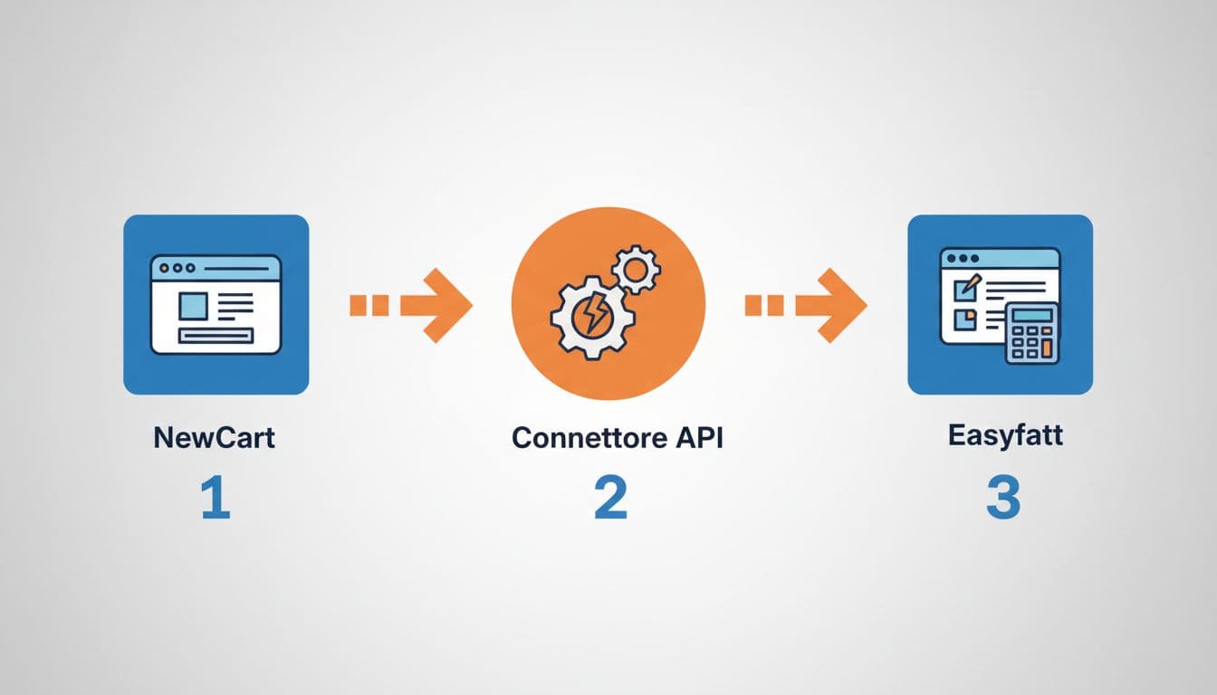 Three icons for NewCart site, API connector, and Easyfatt linked by sequential arrows in linear blue-orange layout.