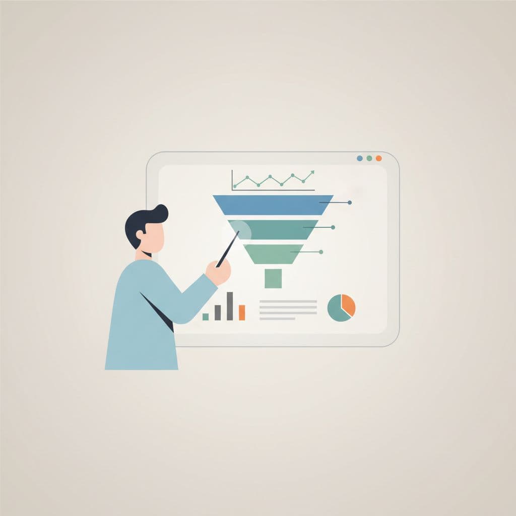 A person examines digital conversion funnel charts displayed on a modern computer screen.