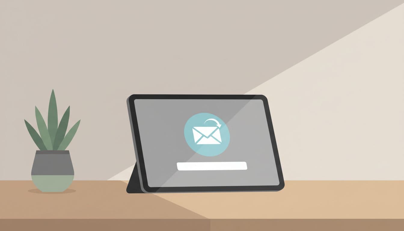 A minimalist tablet sits on a clean desktop surface with a clear notification alert floating above the screen. Neutral tones define the background, emphasizing the sleek device and digital communication.