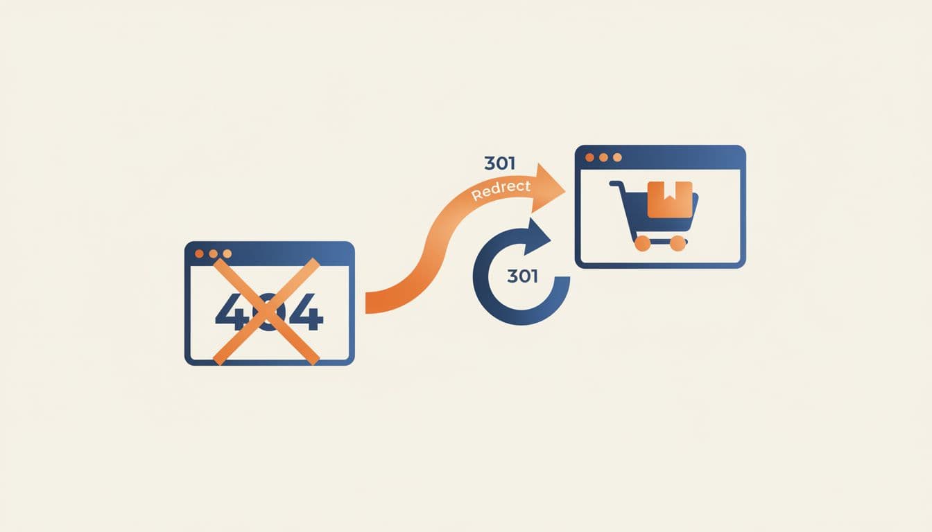 Crossed-out 404 page icon transforms into arrow redirecting to active ecommerce page, using blue and orange on neutral background.