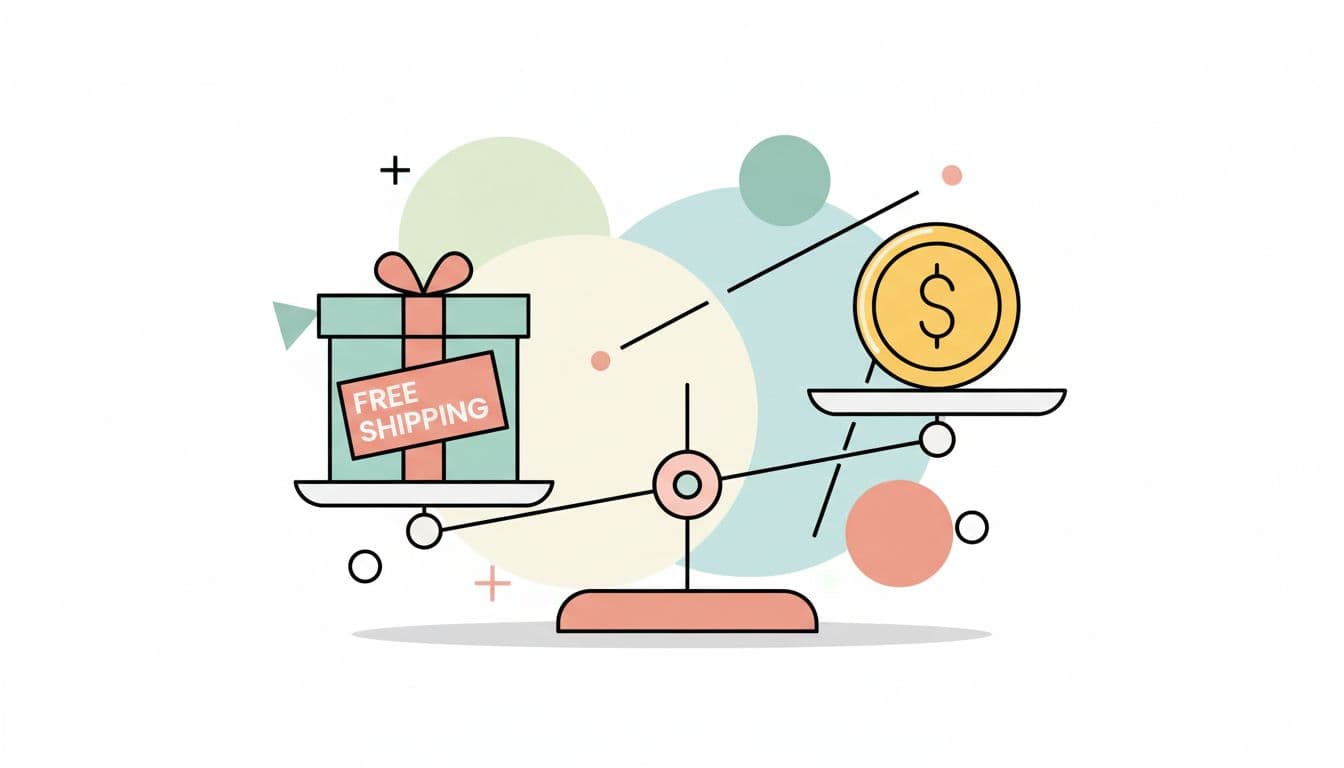 A stylized scale balances a gift box representing free shipping against a coin representing profit margins.