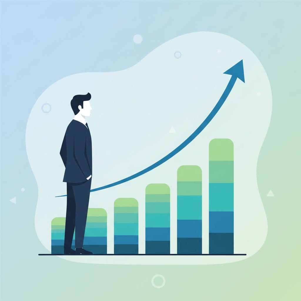 A professional examines an upward-trending chart representing long-term customer value in a minimalist flat style.