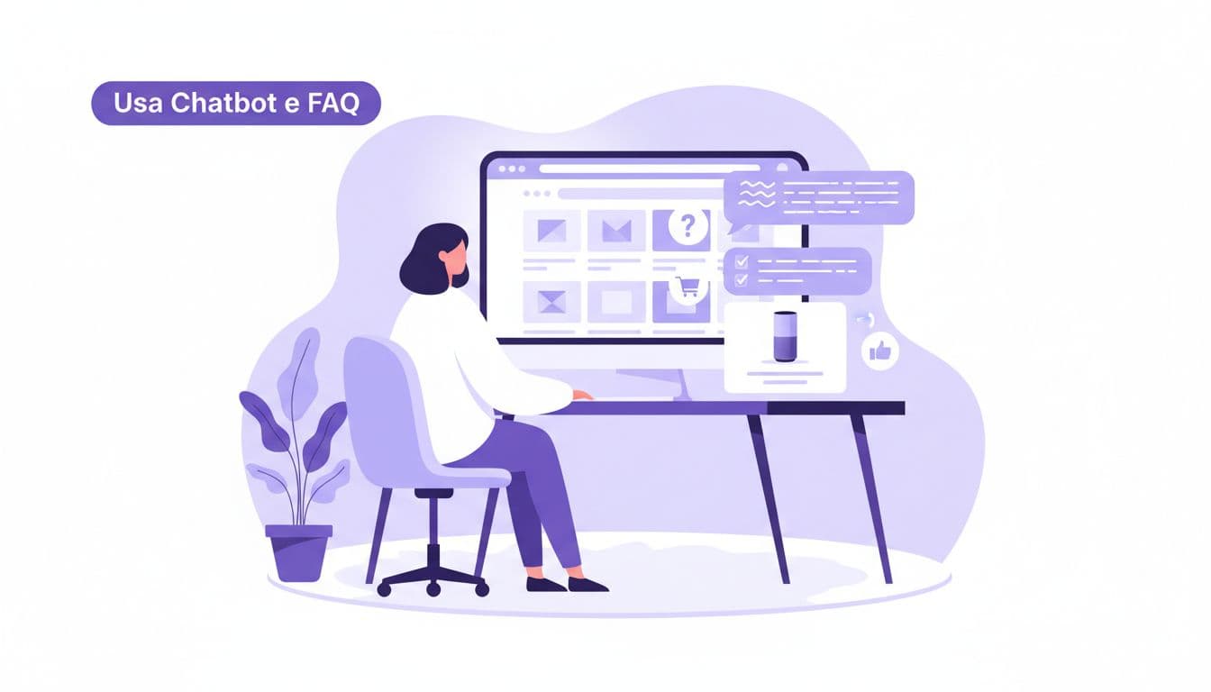 Customer at computer in cozy home office interacts with chatbot interface showing quick replies and product recommendations.