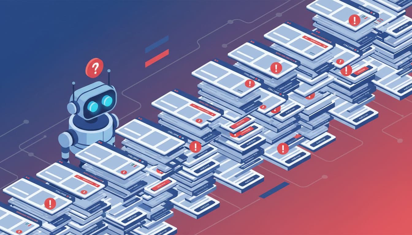 Confused search robot examines stacked duplicate ecommerce pages in Italian, German, and French with floating red error icons.