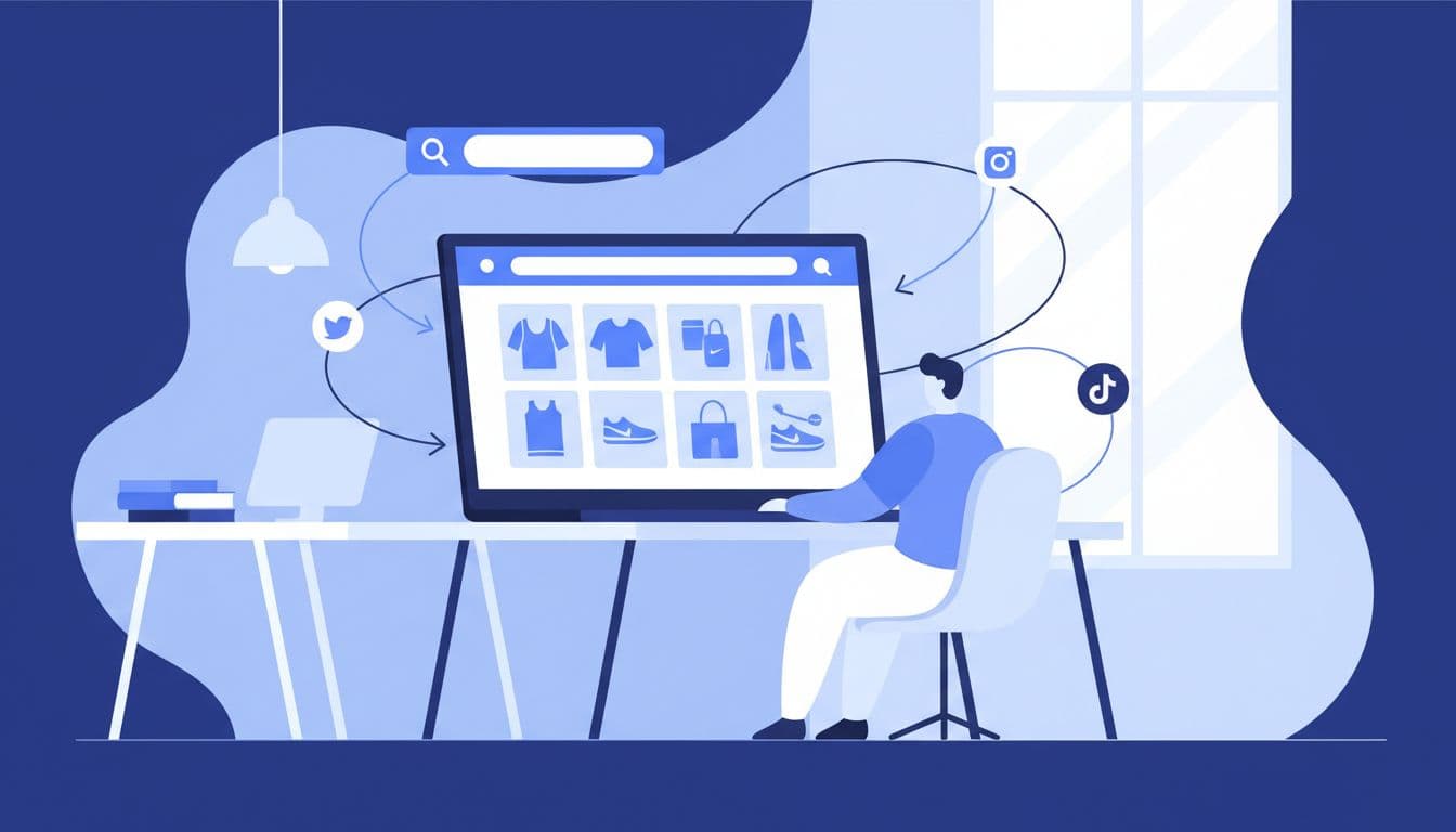 Laptop in modern office displays fashion brand ecommerce page with incoming arrows from search results and social icons.