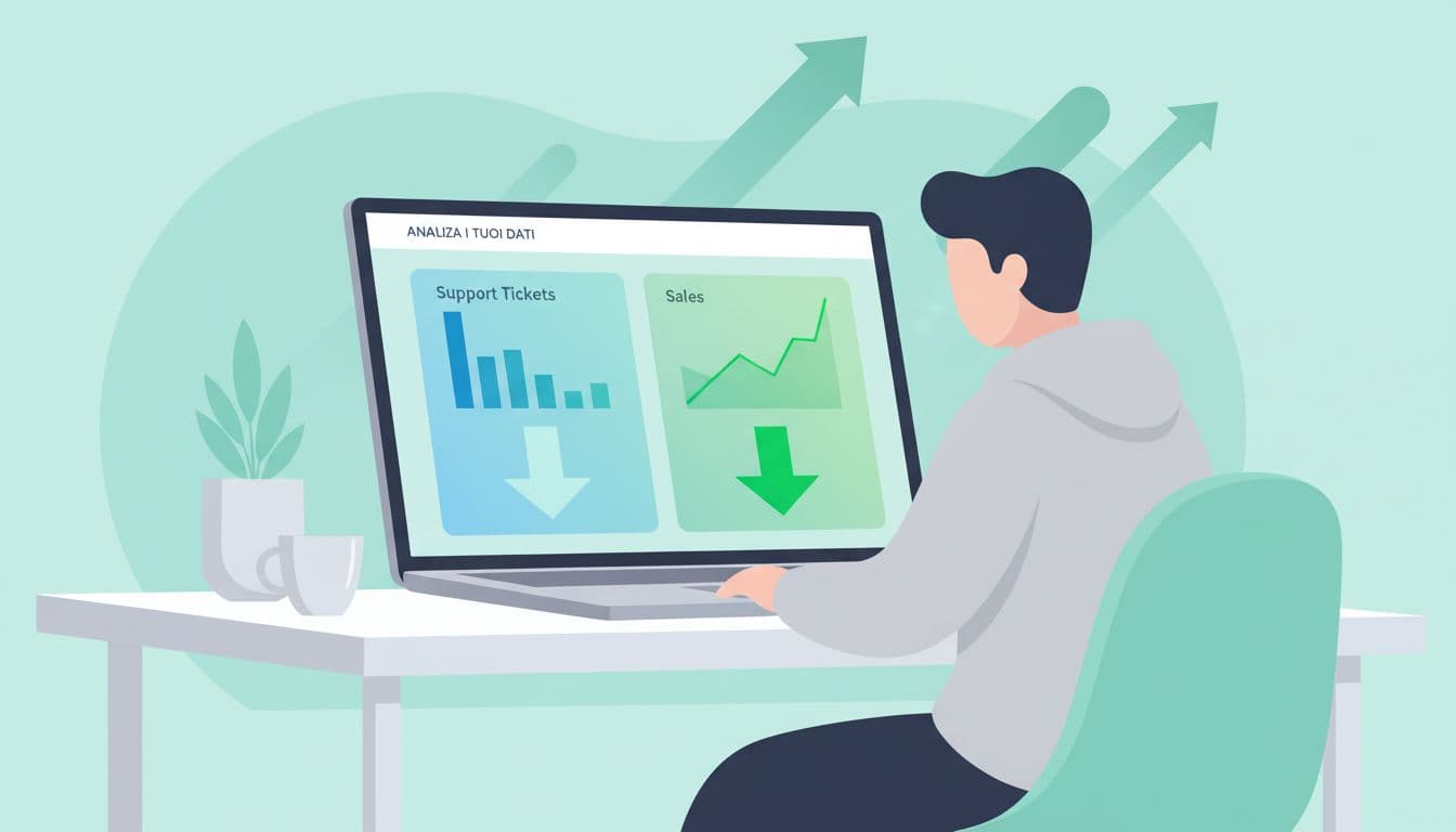Laptop on clean desk displays e-commerce dashboard with falling support tickets and rising sales graphs.