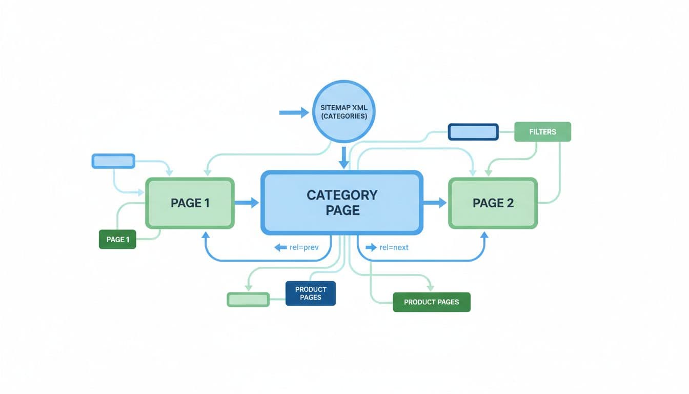 Clean diagram of ecommerce site architecture featuring pagination with next/prev links, category sitemap, and crawl flow arrows in blue and green.