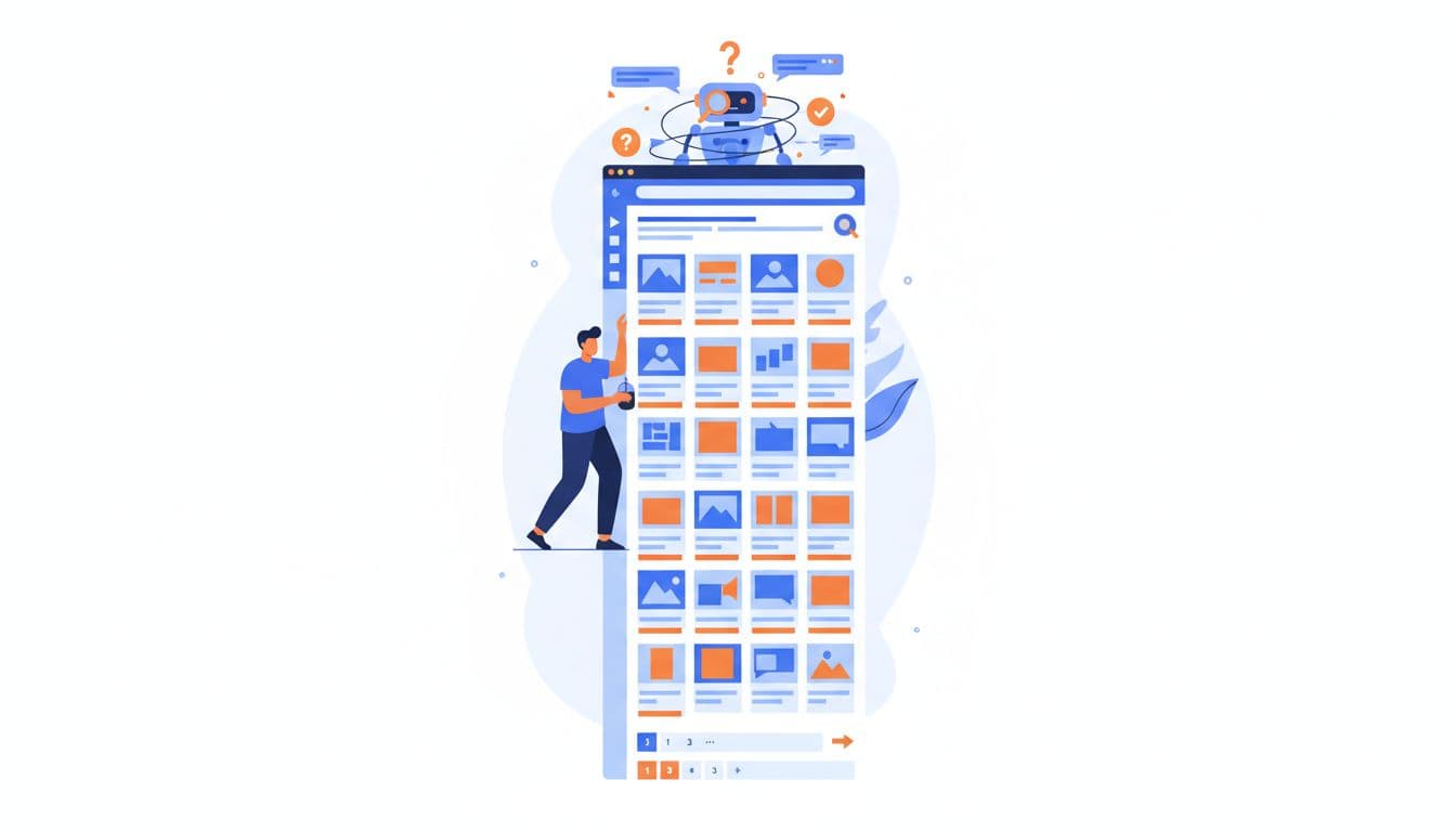 Long vertical ecommerce page packed with products scrolls down past confused Google crawler at top and pagination nav at bottom, one person browses with relaxed hand on mouse.