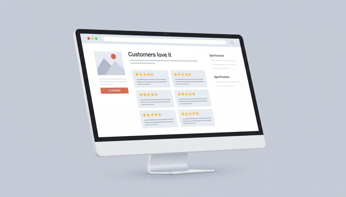 Slightly angled desktop mockup of clean e-commerce product page with prominent reviews widget showing stars and short feedbacks.
