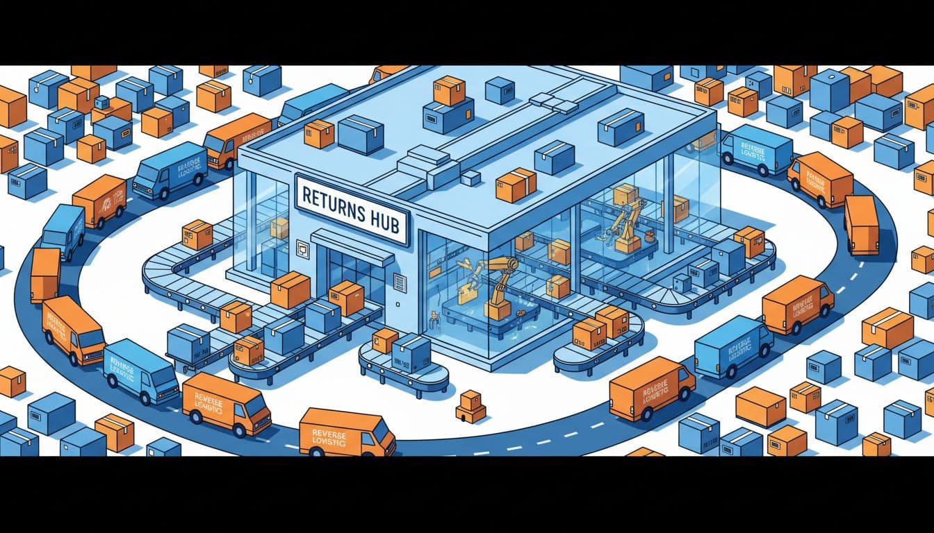 Returned packages stream back to dynamic warehouse via moving logistics vans in bright industrial space.