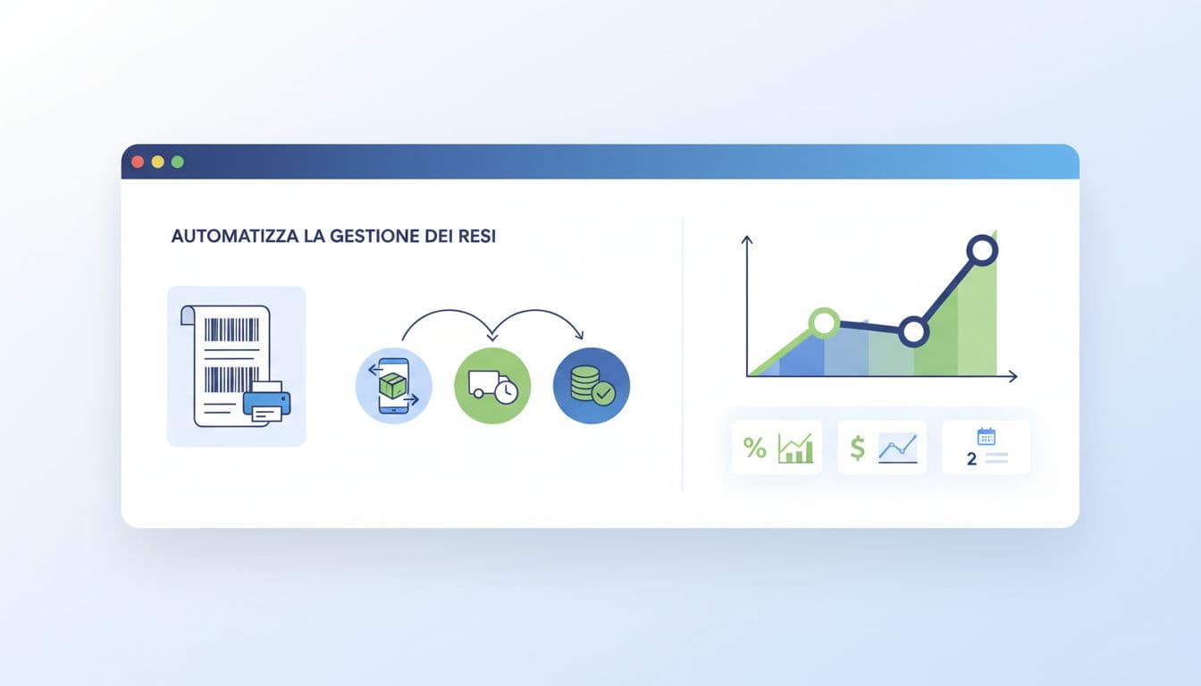 Clean illustration of returns portal interface with step-by-step arrows, printable label, and simple stats dashboard in green, blue, white.