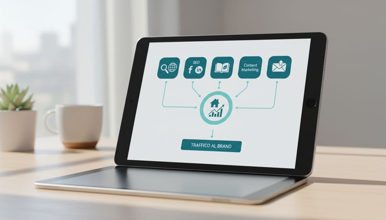 Tablet in bright workspace displays flowchart with SEO, social media, content, and email icons arrowing to central brand page with rising sales graph in blue-green tones.