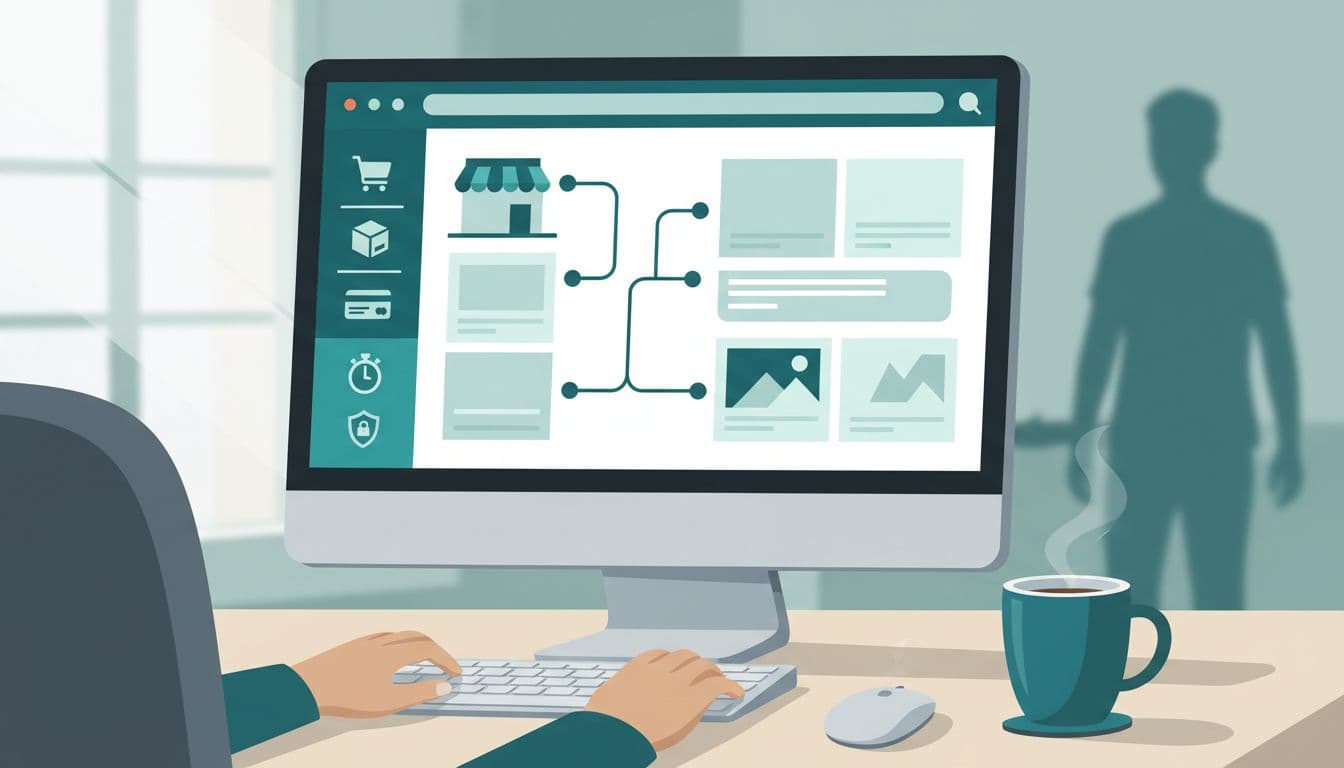 Desktop screen shows website builder interface with ecommerce tools icons and security badges, coffee mug on desk, hands relaxed, blurred person in background.