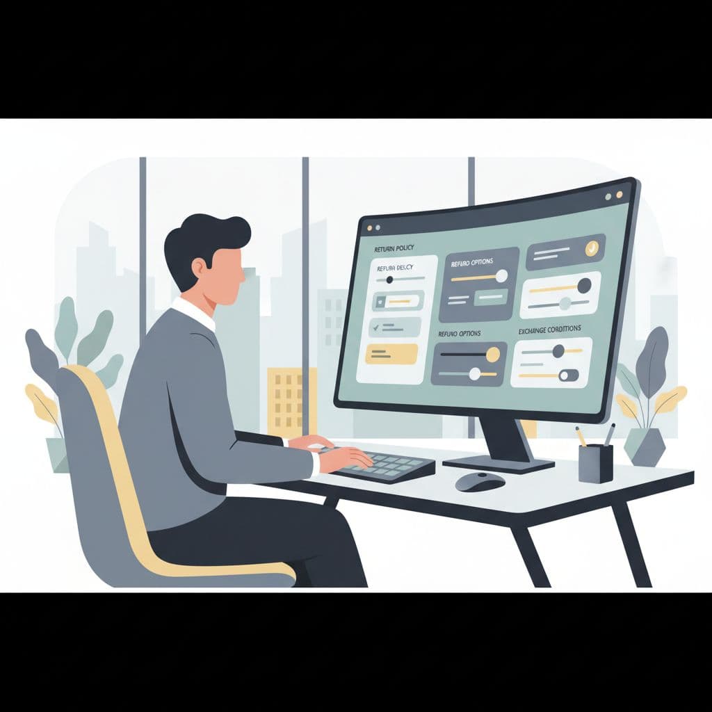A focused professional works at a sleek desk using a computer to adjust online store return settings. The scene features minimalist shapes and a balanced, professional color palette for digital clarity.