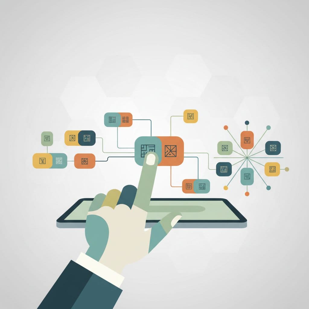 A hand connects colorful blocks representing product synonyms on a tablet screen.