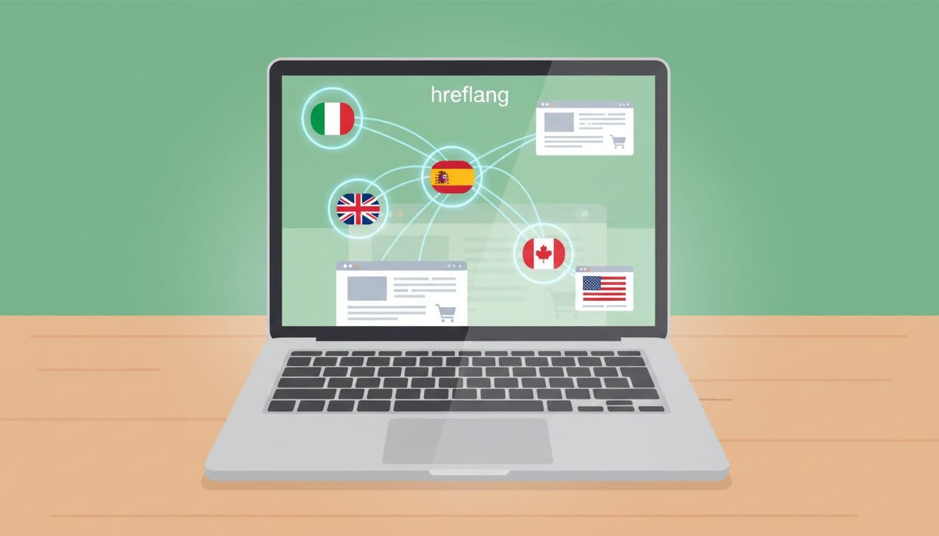 Open laptop on wooden desk displays abstract hreflang symbols and language flags linking ecommerce pages.