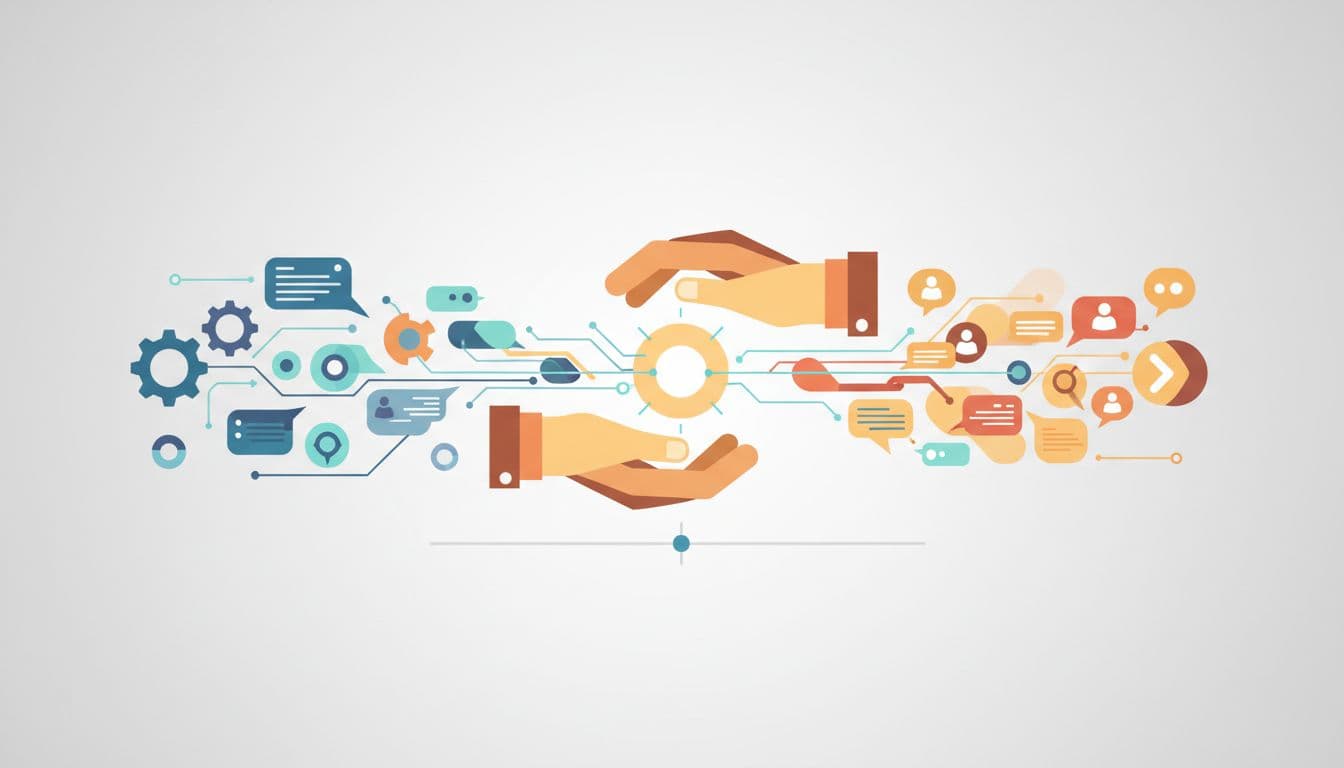 A modern graphic illustration depicting a scale balancing abstract digital icons and a human hand.