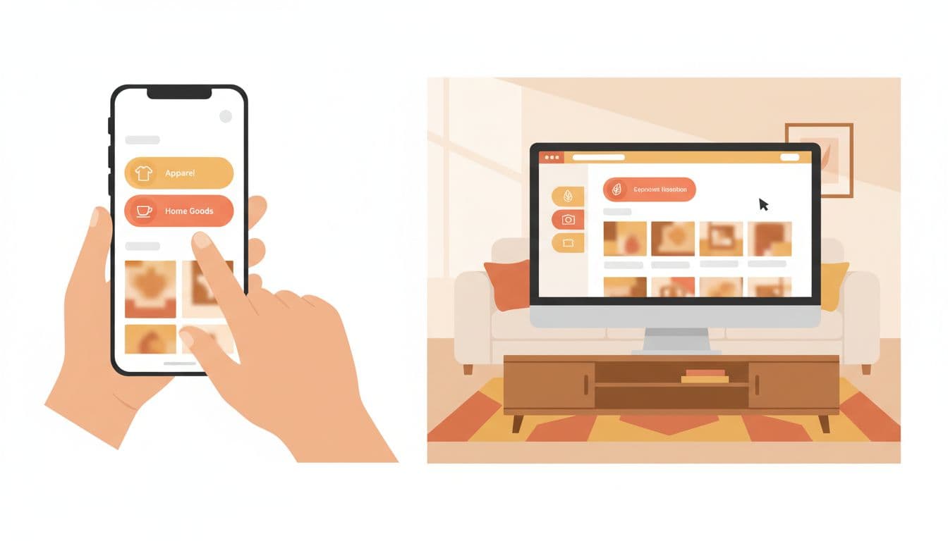 Illustration shows simple navigation menus on mobile and desktop screens in a living room with hand gesturing on phone.