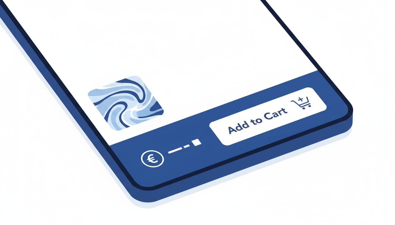 Angled close-up of mobile screen showing e-commerce product page scrolled to bottom with prominent sticky add-to-cart bar featuring price, quantity selector, add icons, and small product thumbnail.