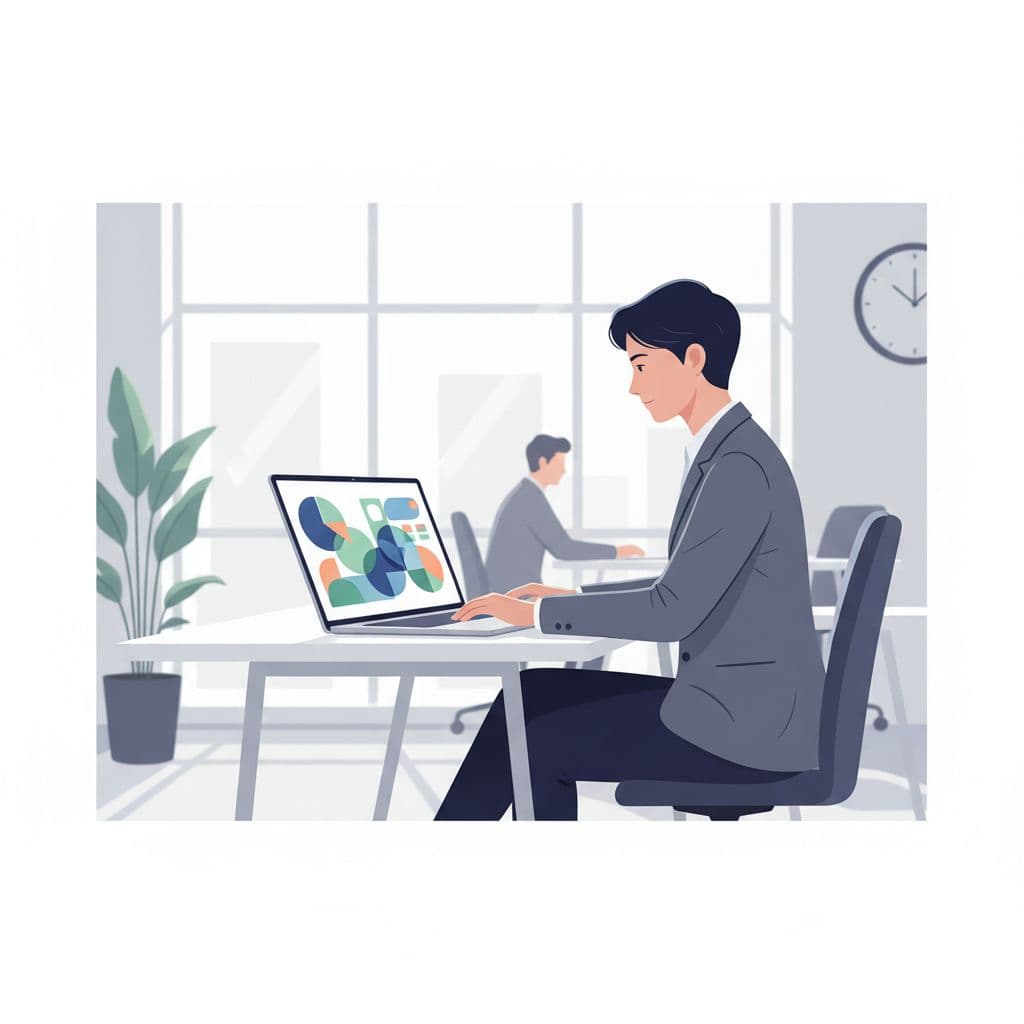 A professional works at a laptop displaying colorful abstract sales data charts. The bright office setting features clean geometric shapes and a focused atmosphere for managing digital retail marketing promotions.